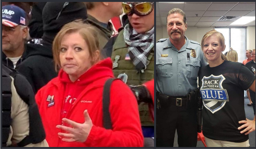 A white woman with dirty blonde hair and eybrows and nose-to-mouth lines that together almost form an X between her eyes, pictured first in red in a crowd including a man in a Trump ball cap and another person in 'tacticool' gear, and in a second picture in a black Back the Blue t-shirt with Bob Kroll, infamous president of the Police Officers Federation of Minneapolis from 2015 to 2021.