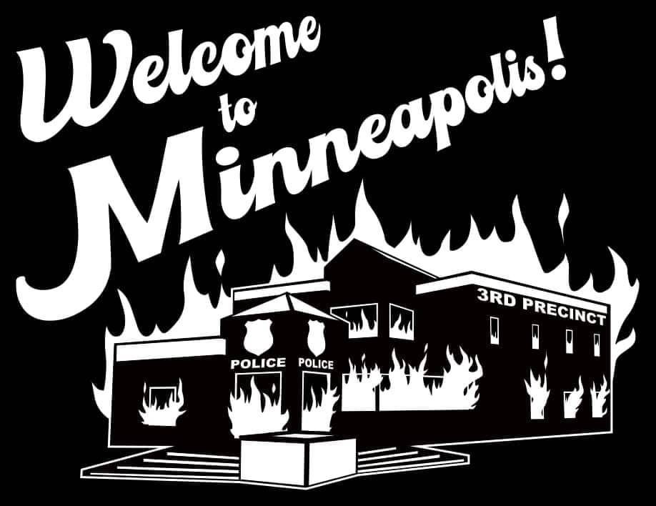 Welcome to Minneapolis! in big 1950s boosterism style letters over the burning third precinct of the police department, all in black-and-white.