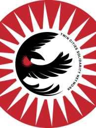 Graphic of a stylized black bird, like a crow or a hawk, with a repeated red starburst motif, and small text Twin Cities Solidarity Network.