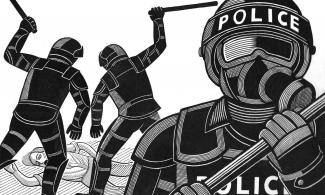 Illustration of police attacking a person lying on the ground