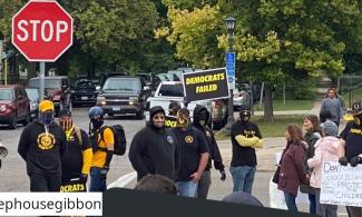 Crowd of Proud Boys at Drag Story Hour on 9/24/22. Photo via @deephousegibbon