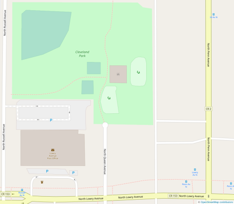 Map of Cleveland Park showing the large streets North Lowry Avenue to the south of the park and North Penn Avenue to the east, and North Russell Avenue directly to the park's west.  A logo indicating shelter is in the southwest of the park, near logos indicating playgrounds.