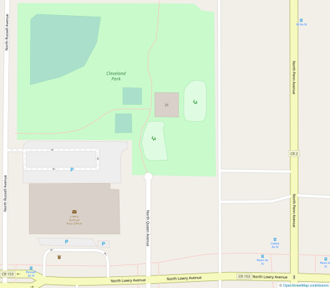 Map of Cleveland Park showing the large streets North Lowry Avenue to the south of the park and North Penn Avenue to the east, and North Russell Avenue directly to the park's west. A logo indicating shelter is in the southwest of the park, near logos indicating playgrounds.